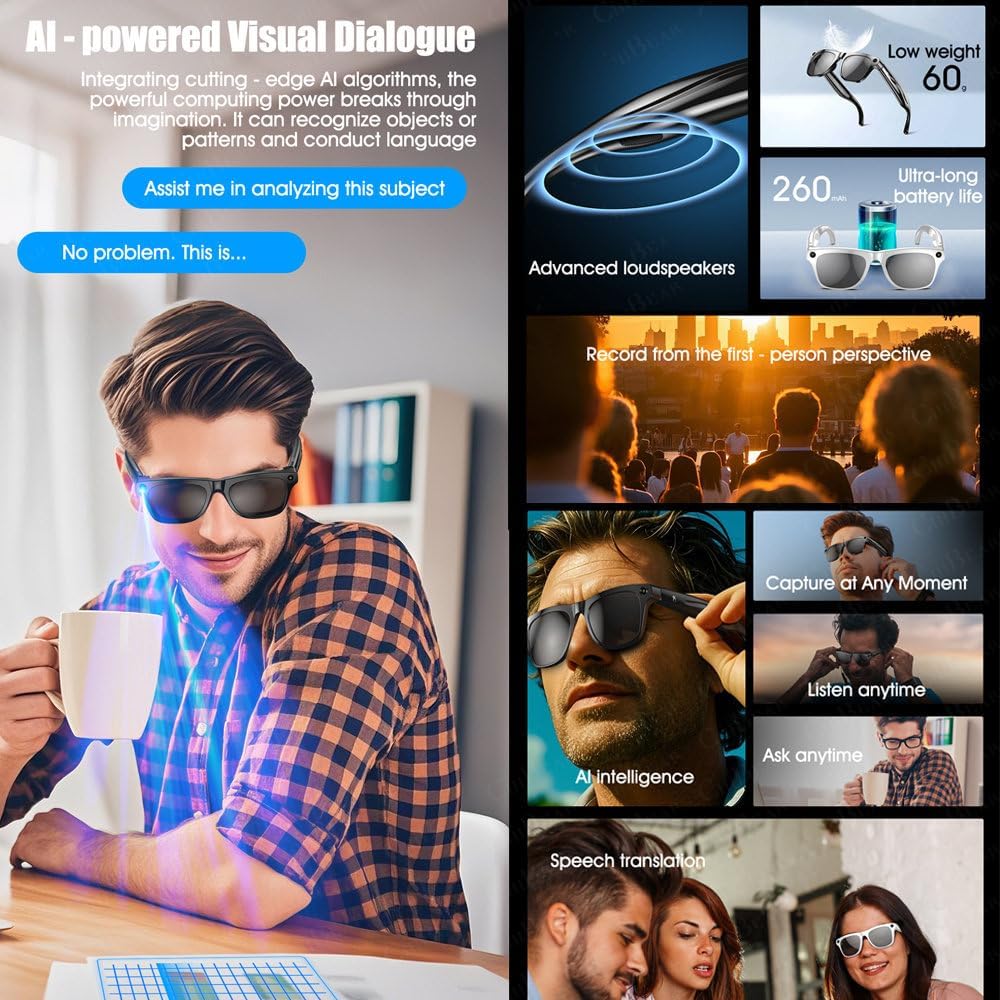 Lunettes Connectées IA 100 MP HD – Caméra, Musique, Appels Bluetooth, Traduction Vocale et Lampe de Poche – Smart Glasses Sport Hommes/Femmes – Blanc
