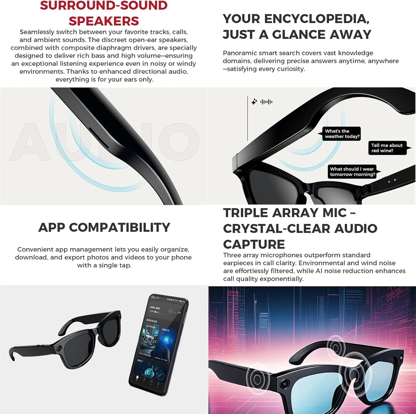 Lunettes Connectées IA avec Caméra HD 500MP, Haut-Parleurs Intégrés, Commande Vocale, Musique, Traduction Instantanée et Wi-Fi – Idéales pour Voyages, Appels et Loisirs