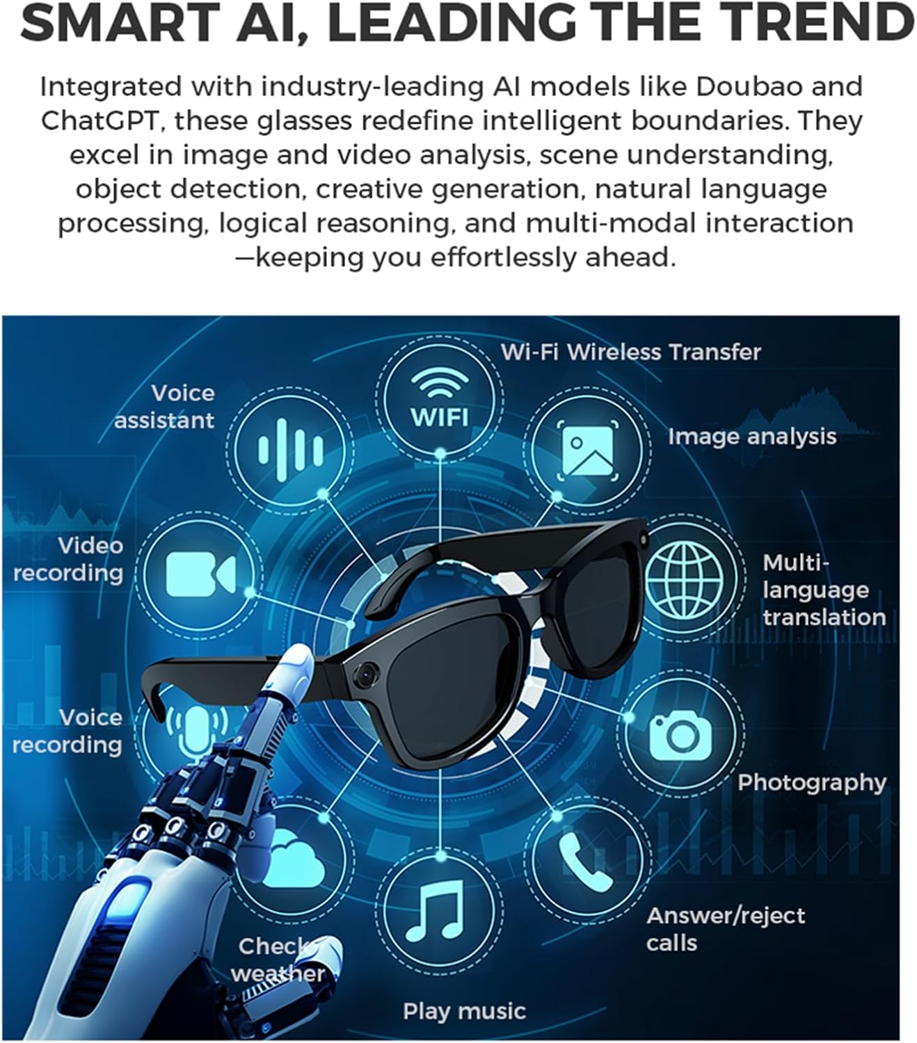 Lunettes Connectées IA avec Caméra HD 500MP, Haut-Parleurs Intégrés, Commande Vocale, Musique, Traduction Instantanée et Wi-Fi – Idéales pour Voyages, Appels et Loisirs