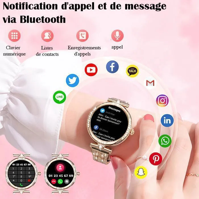 Montre Connectée Élégante pour Femme – Appels, Tracker Sport, Cardio, SpO2, Sommeil, Écran AMOLED + Collier Offert