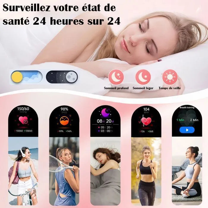 Montre Connectée Élégante pour Femme – Appels, Tracker Sport, Cardio, SpO2, Sommeil, Écran AMOLED + Collier Offert