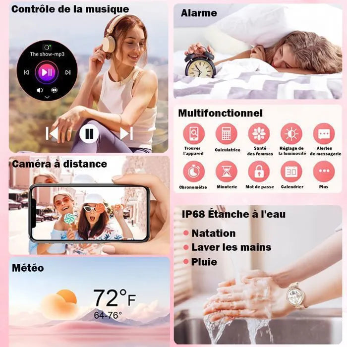 Montre Connectée Élégante pour Femme – Appels, Tracker Sport, Cardio, SpO2, Sommeil, Écran AMOLED + Collier Offert