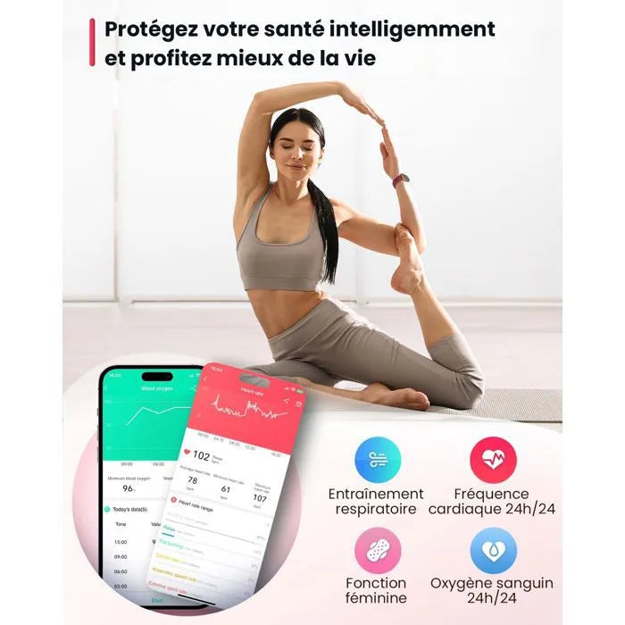 Montre Connectée Élégante Femme 1,47" – Or Rose, +21 Modes Sport, Suivi Sommeil & Santé, Podomètre, Étanche