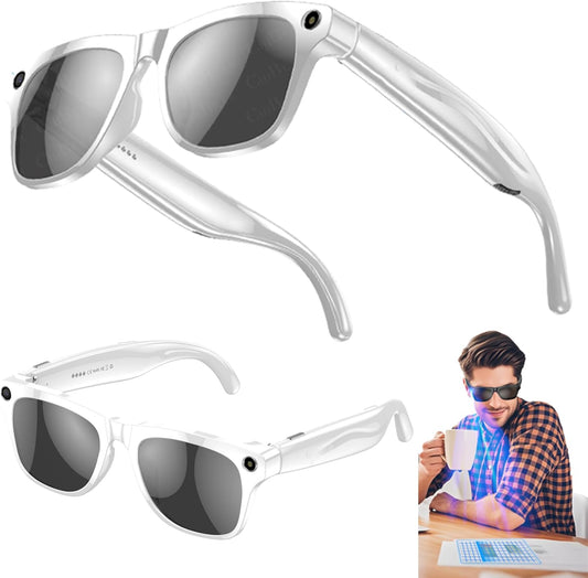 Lunettes Connectées IA 100 MP HD – Caméra, Musique, Appels Bluetooth, Traduction Vocale et Lampe de Poche – Smart Glasses Sport Hommes/Femmes – Blanc