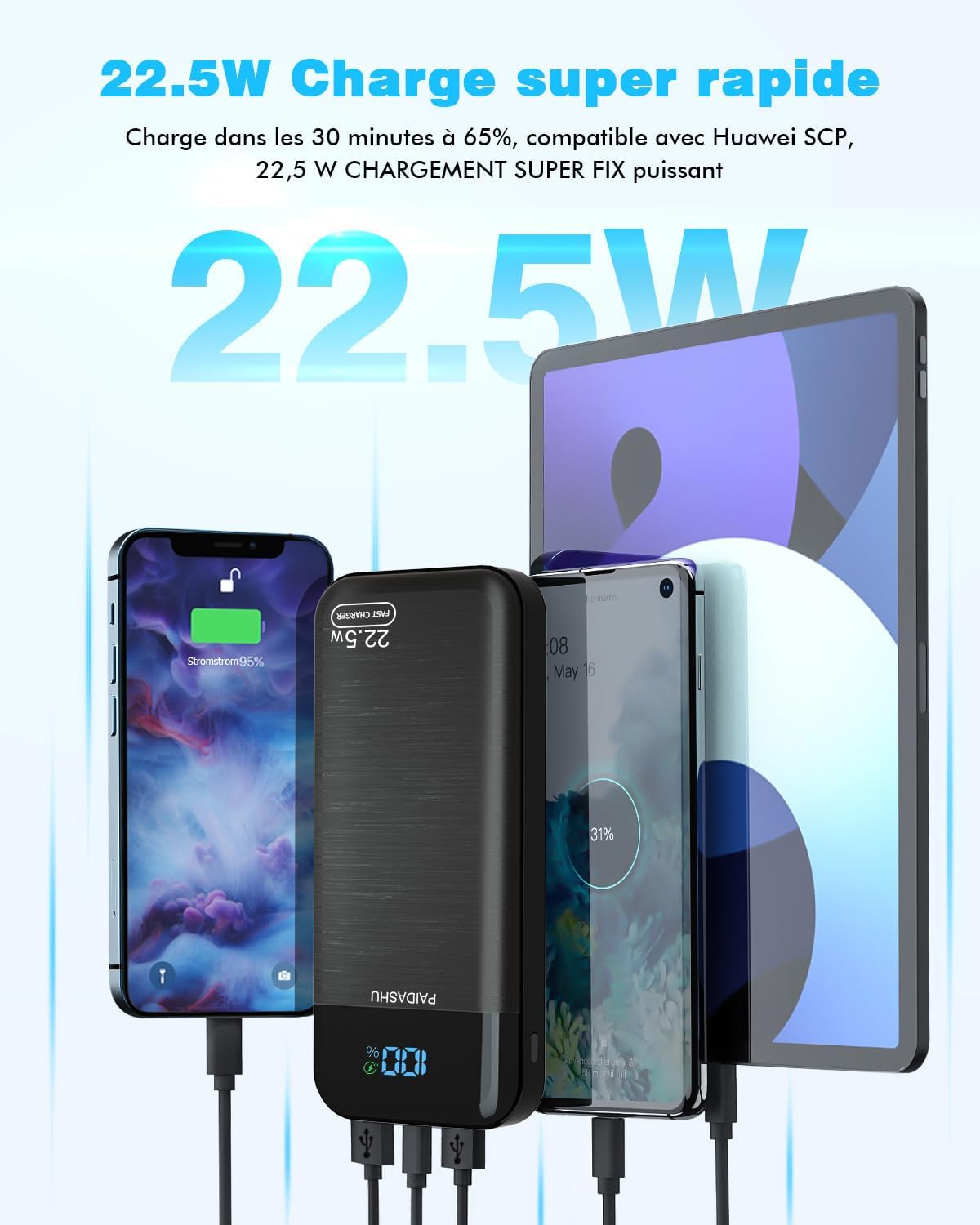Power Bank 27000mAh 22.5W – Batterie Externe USB-C Entrée/Sortie, Charge Rapide PD3.0 QC4.0 pour Téléphones & Tablettes
