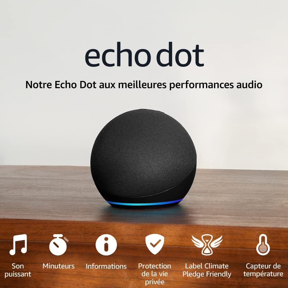 Echo Dot 5ème Génération – Enceinte Connectée Wi-Fi & Bluetooth avec Alexa, Son Puissant et Clair – Couleur Anthracite
