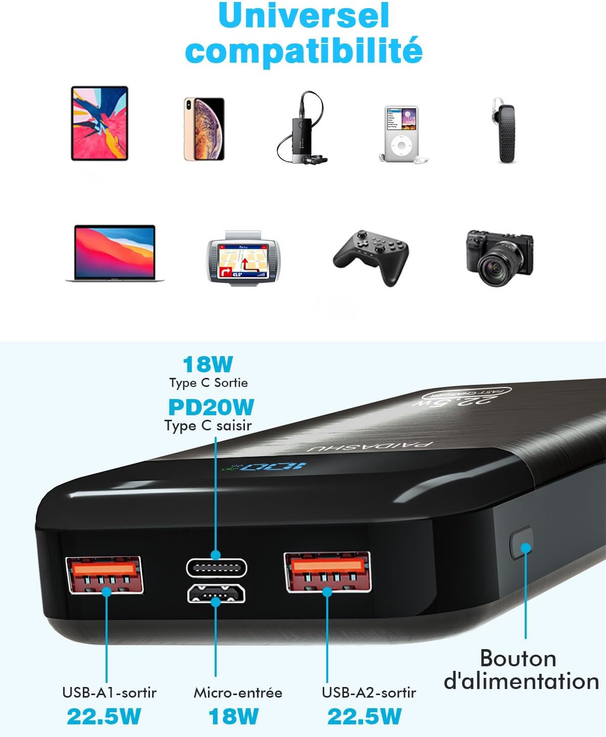Power Bank 27000mAh 22.5W – Batterie Externe USB-C Entrée/Sortie, Charge Rapide PD3.0 QC4.0 pour Téléphones & Tablettes