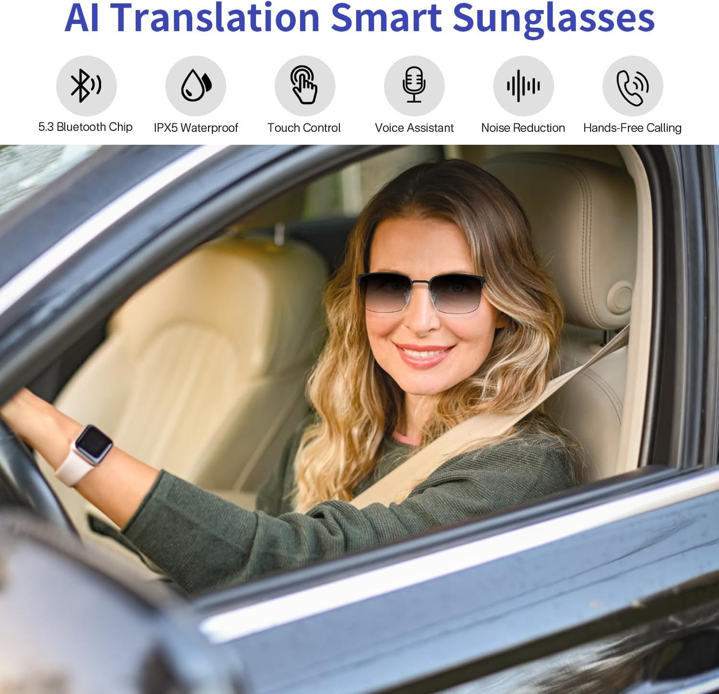 Lunettes Intelligentes IA avec Traduction Instantanée (110+ Langues) – Lunettes Connectées Bluetooth avec Lentilles Polarisées Photochromiques, Interprétation Simultanée et Appels Mains Libres
