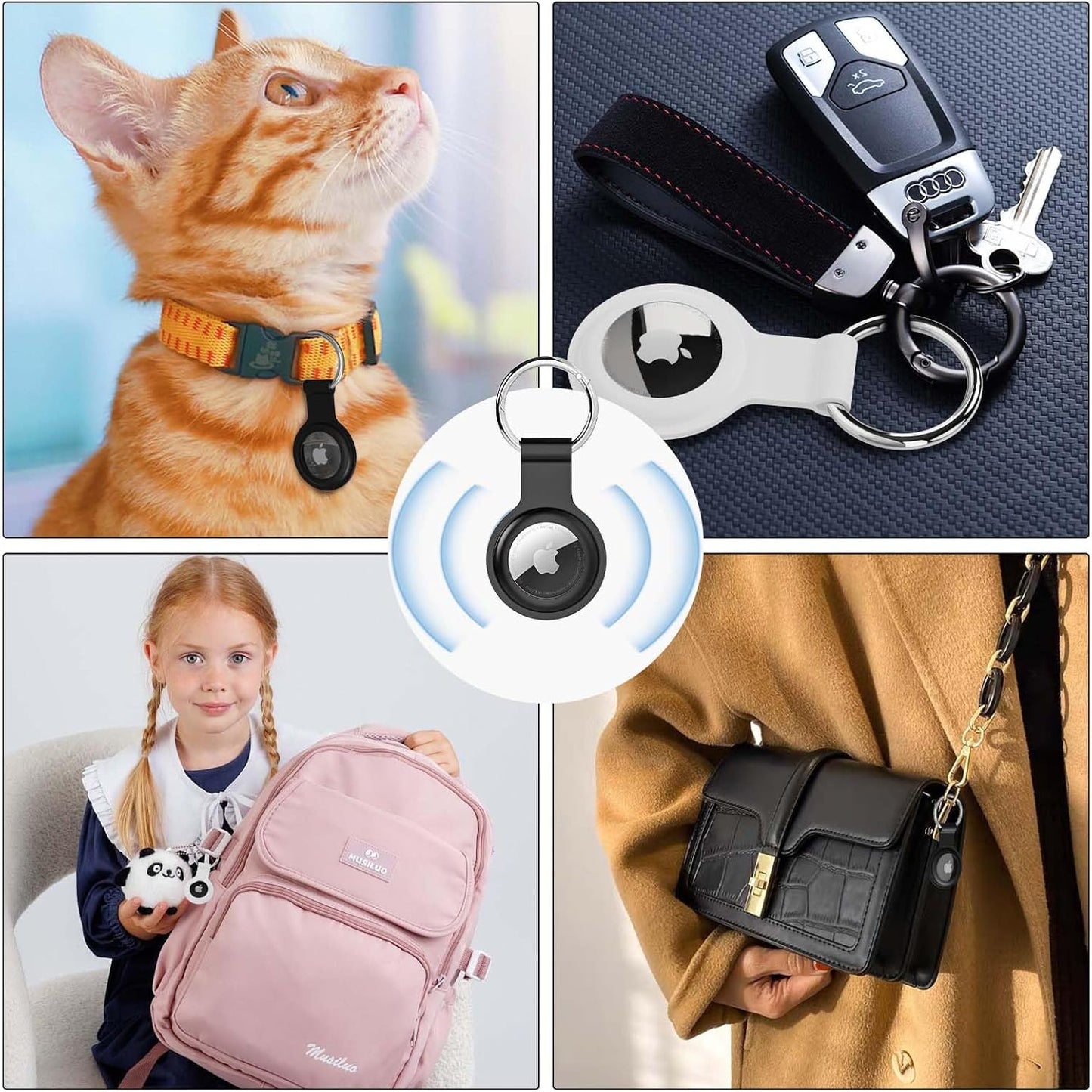 Étuis AirTag Apple – Lot de 2 Porte-clés en Silicone (Noir & Blanc) – Housses Anti-Rayures avec Mousqueton, Accessoires de Protection pour Enfants, Animaux, Sacs et Bagages