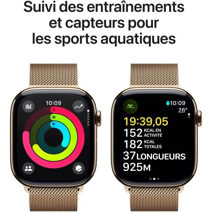 Apple Watch Series 10 GPS + Cellular 46mm – Boîtier Titane Doré – Bracelet Milanese Loop Or S/M