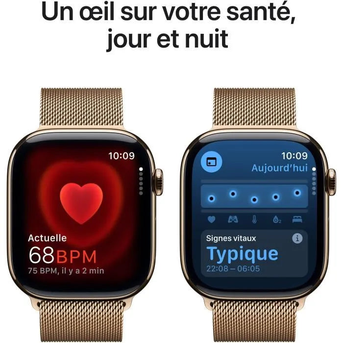 Apple Watch Series 10 GPS + Cellular 46mm – Boîtier Titane Doré – Bracelet Milanese Loop Or S/M