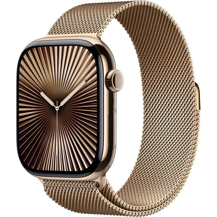 Apple Watch Series 10 GPS + Cellular 46mm – Boîtier Titane Doré – Bracelet Milanese Loop Or S/M