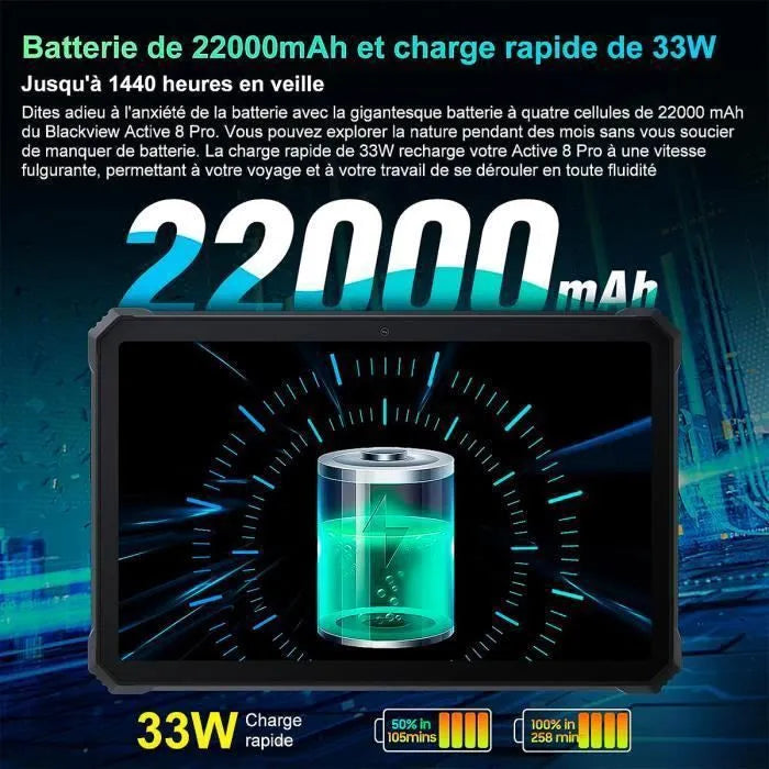 Active 8 Pro – Tablette Puissante Rugged 10,36" avec 16Go RAM, 256Go, Batterie 22000mAh & Double SIM 4G – Noir