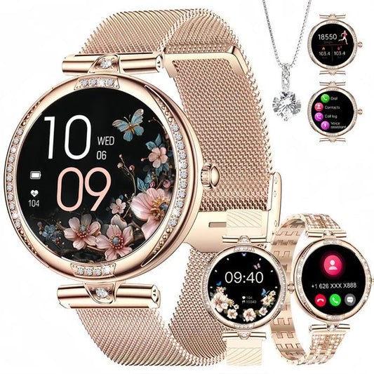 Montre Connectée Élégante pour Femme – Appels, Tracker Sport, Cardio, SpO2, Sommeil, Écran AMOLED + Collier Offert
