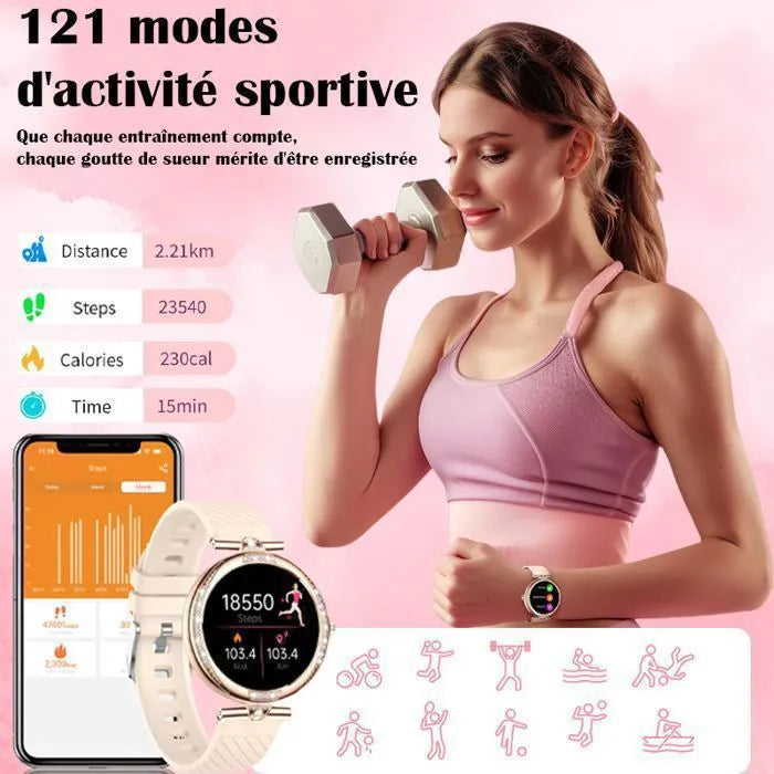 Montre Connectée Élégante pour Femme – Appels, Tracker Sport, Cardio, SpO2, Sommeil, Écran AMOLED + Collier Offert