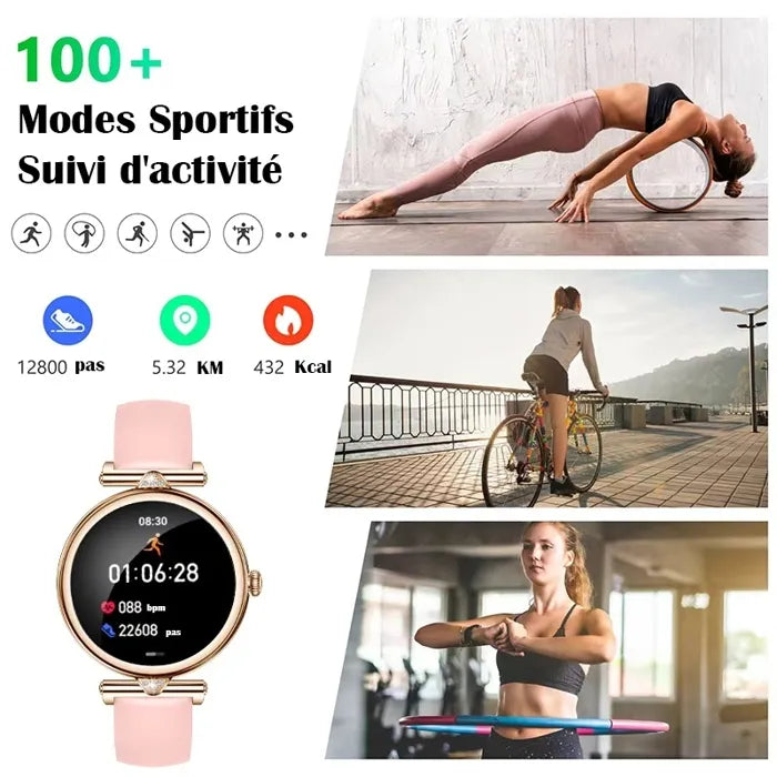 Montre Connectée Femme avec Appels Bluetooth – Écran AMOLED 1.28" HD, Tracker d’Activité 100+ Modes Sport, Moniteur Cardiaque & SpO2, Suivi du Sommeil, Cadeau Élégant avec Collier