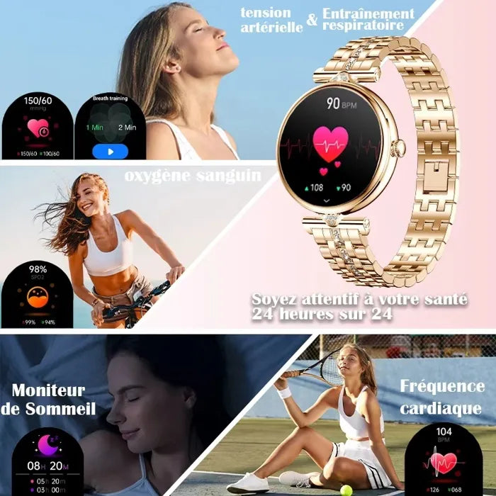 Montre Connectée Femme avec Appels Bluetooth – Écran AMOLED 1.28" HD, Tracker d’Activité 100+ Modes Sport, Moniteur Cardiaque & SpO2, Suivi du Sommeil, Cadeau Élégant avec Collier