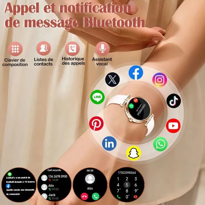 Montre Connectée Femme avec Appels Bluetooth – Écran AMOLED 1.28" HD, Tracker d’Activité 100+ Modes Sport, Moniteur Cardiaque & SpO2, Suivi du Sommeil, Cadeau Élégant avec Collier